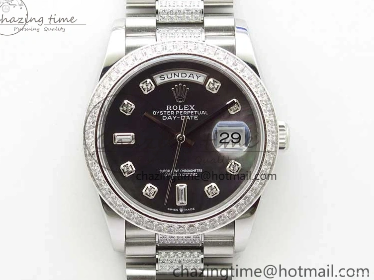 0517 SmoothTexture Day-Date 36mm 128239 SS Crystal BP Best Edition Black MOP Crystal Marker Dial on SS President Bracelet A 2681